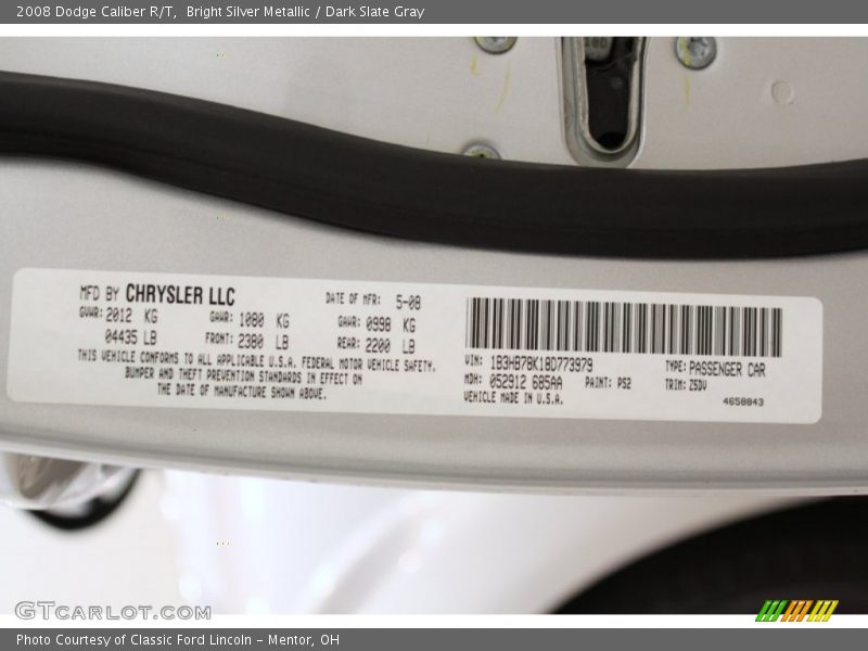 Bright Silver Metallic / Dark Slate Gray 2008 Dodge Caliber R/T