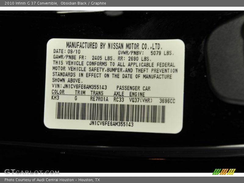 2010 G 37 Convertible Obsidian Black Color Code KH3