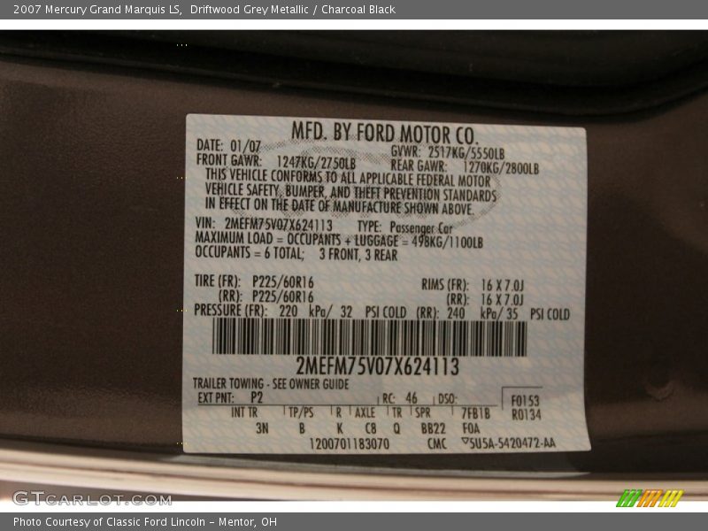 Driftwood Grey Metallic / Charcoal Black 2007 Mercury Grand Marquis LS