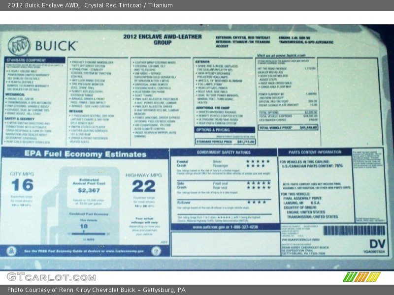 2012 Enclave AWD Window Sticker