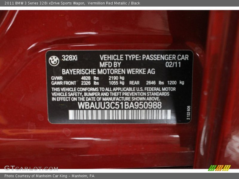 Info Tag of 2011 3 Series 328i xDrive Sports Wagon