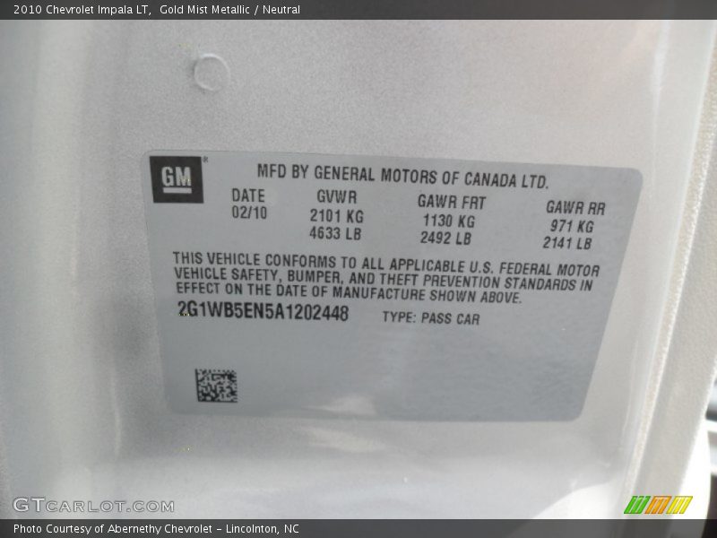 Gold Mist Metallic / Neutral 2010 Chevrolet Impala LT