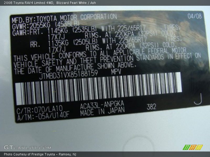 Blizzard Pearl White / Ash 2008 Toyota RAV4 Limited 4WD