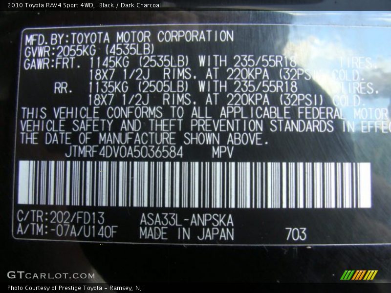 Black / Dark Charcoal 2010 Toyota RAV4 Sport 4WD