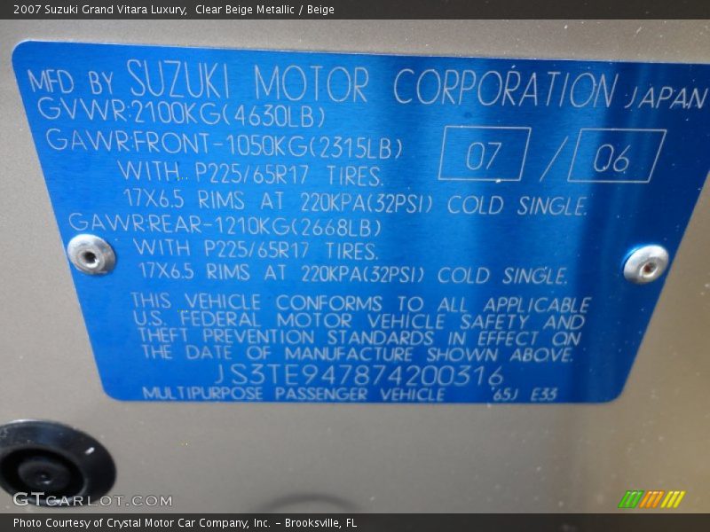 Clear Beige Metallic / Beige 2007 Suzuki Grand Vitara Luxury
