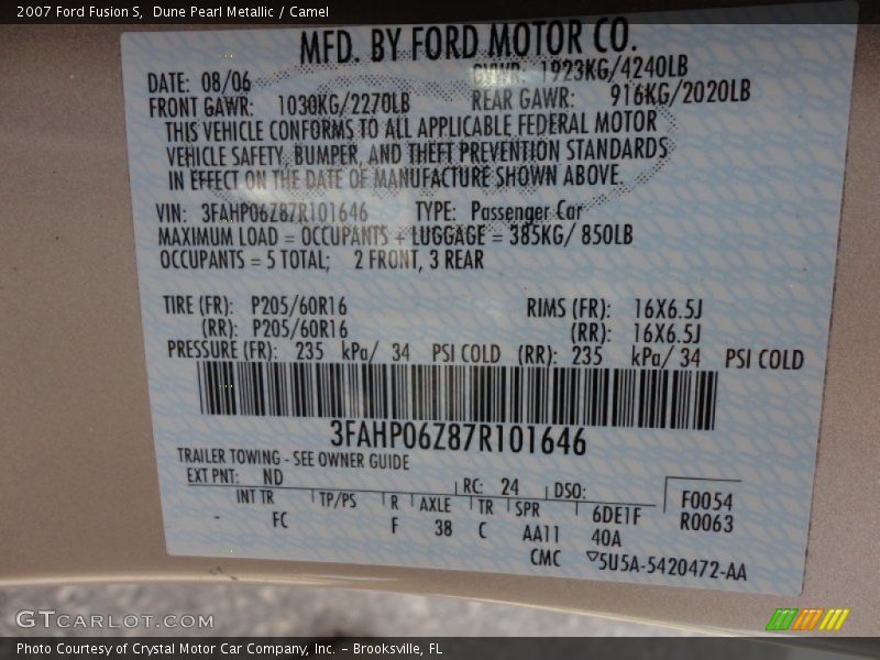 Dune Pearl Metallic / Camel 2007 Ford Fusion S