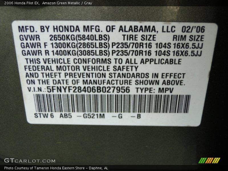 Amazon Green Metallic / Gray 2006 Honda Pilot EX