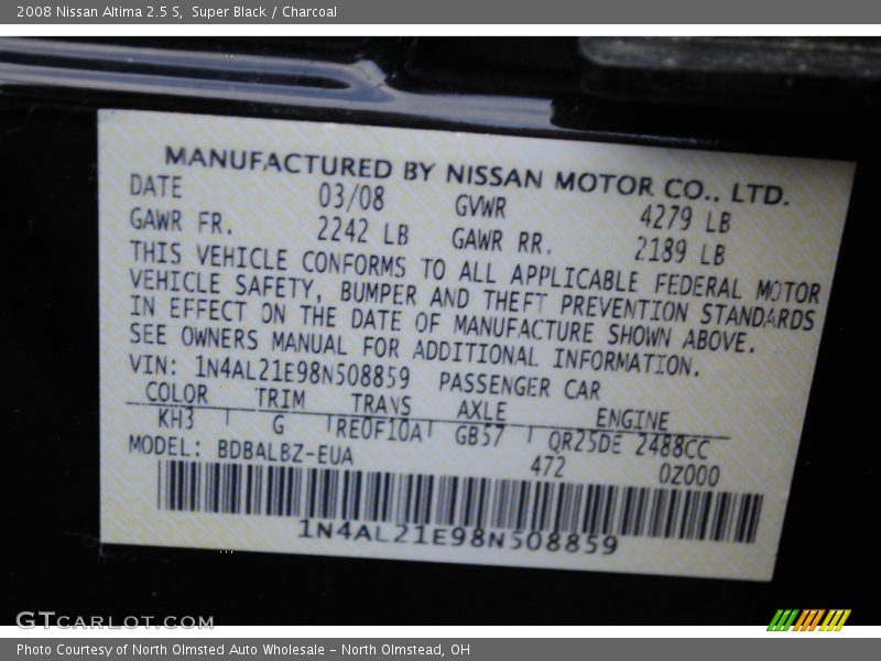Super Black / Charcoal 2008 Nissan Altima 2.5 S