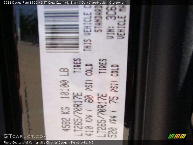 Black / Dark Slate/Medium Graystone 2012 Dodge Ram 3500 HD ST Crew Cab 4x4