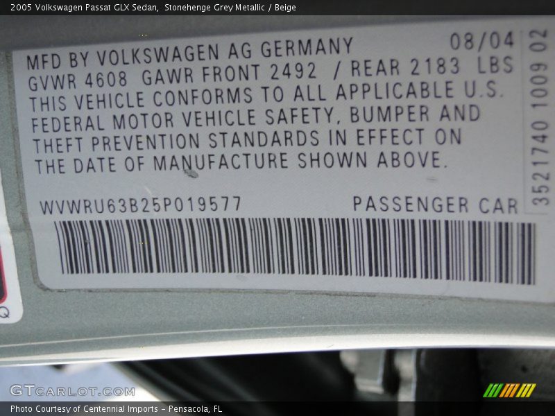 Stonehenge Grey Metallic / Beige 2005 Volkswagen Passat GLX Sedan