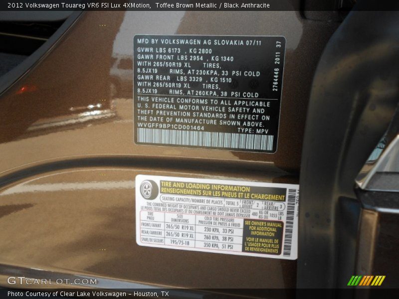 Info Tag of 2012 Touareg VR6 FSI Lux 4XMotion