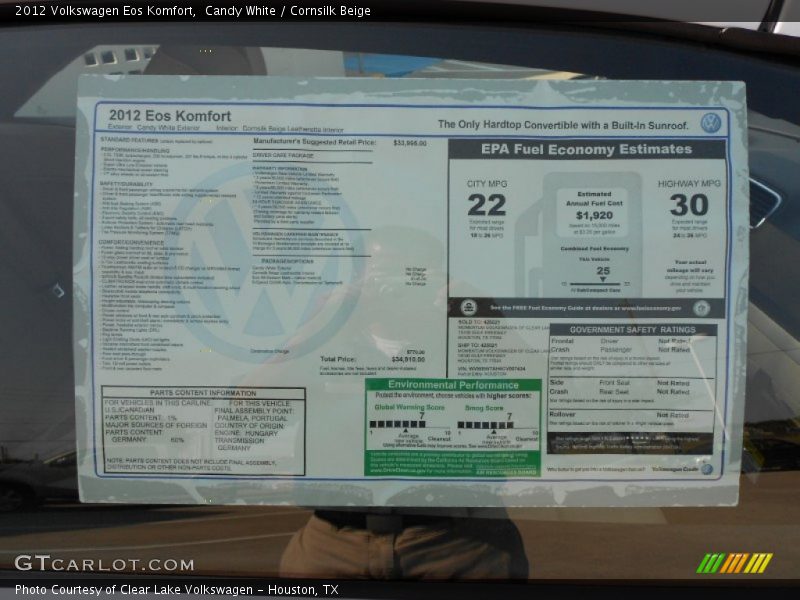 Candy White / Cornsilk Beige 2012 Volkswagen Eos Komfort