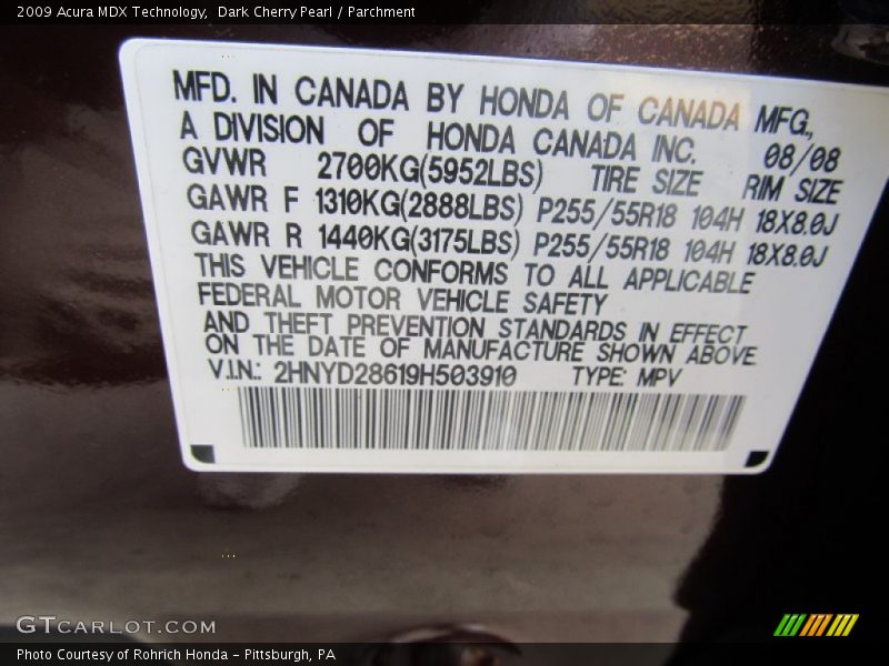 Dark Cherry Pearl / Parchment 2009 Acura MDX Technology