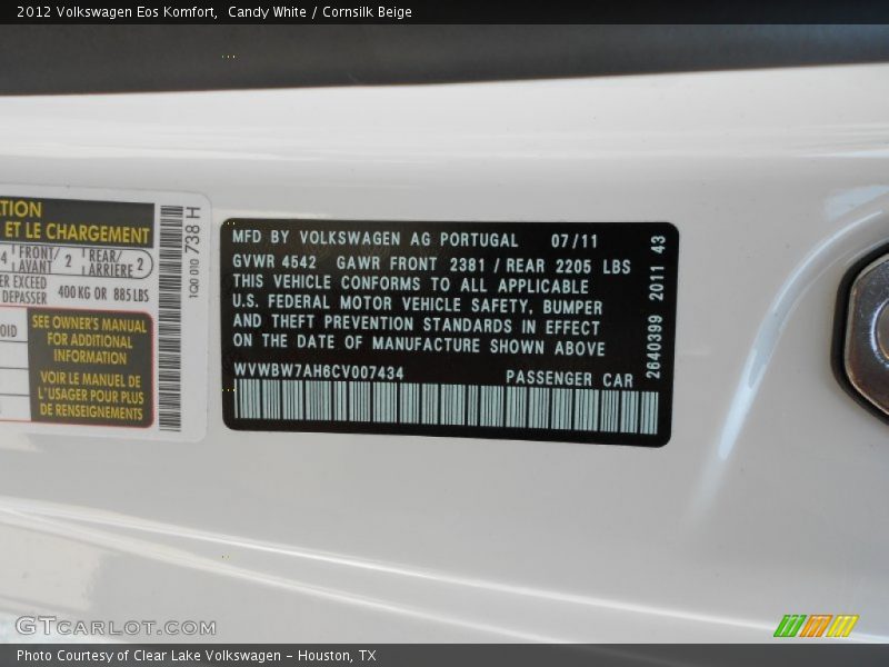 Candy White / Cornsilk Beige 2012 Volkswagen Eos Komfort
