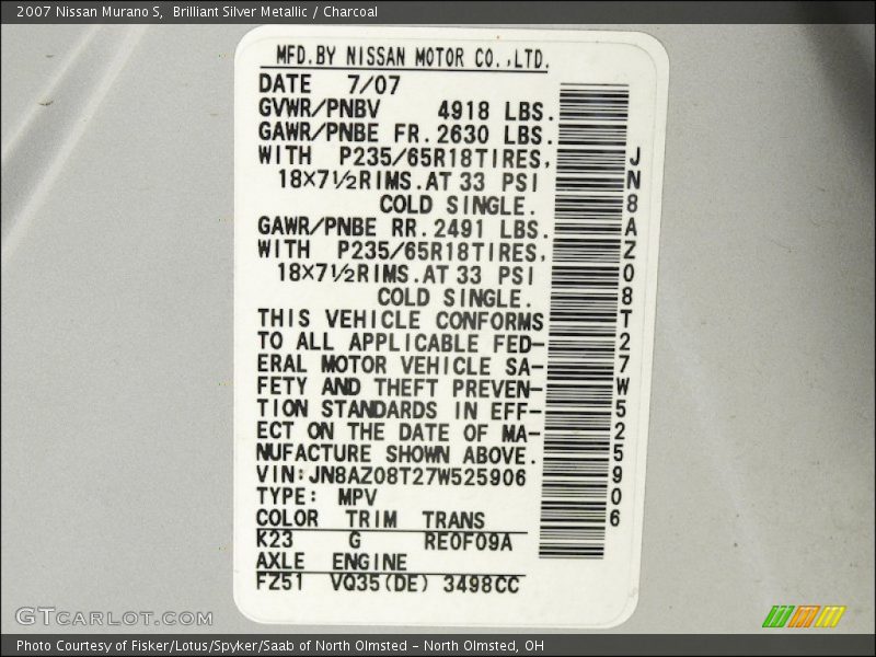 Brilliant Silver Metallic / Charcoal 2007 Nissan Murano S