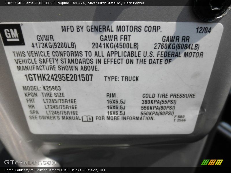 Info Tag of 2005 Sierra 2500HD SLE Regular Cab 4x4