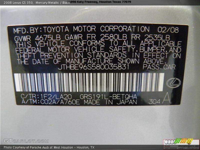 Mercury Metallic / Black 2008 Lexus GS 350