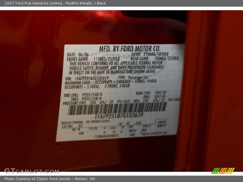2007 Five Hundred Limited Redfire Metallic Color Code G2