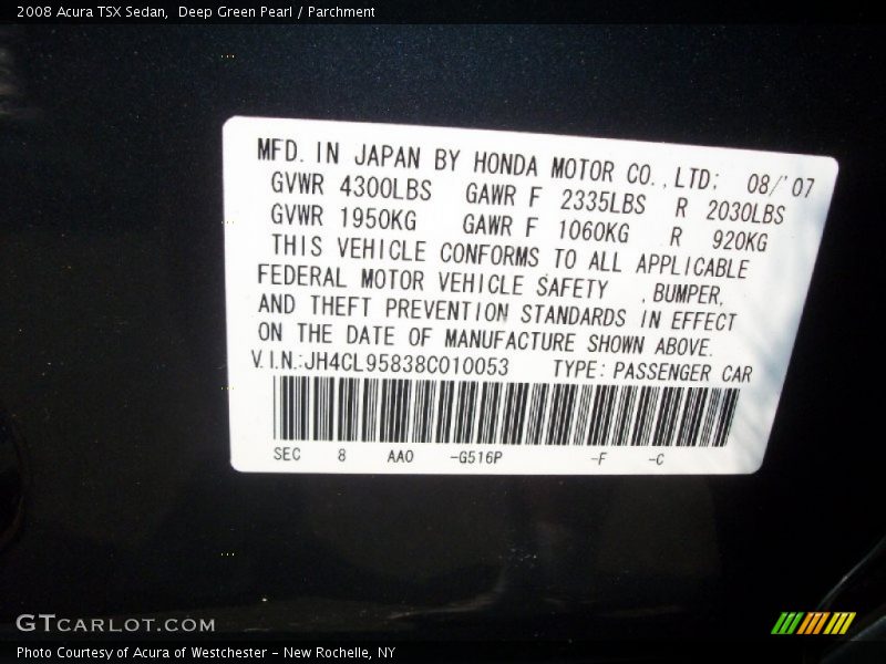 2008 TSX Sedan Deep Green Pearl Color Code G516P