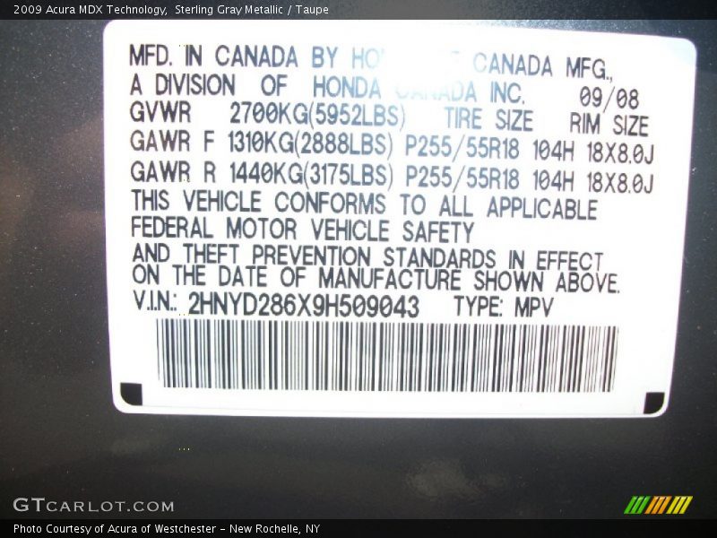 Sterling Gray Metallic / Taupe 2009 Acura MDX Technology