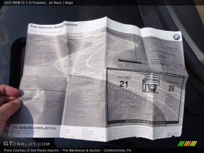  2002 Z3 3.0i Roadster Window Sticker