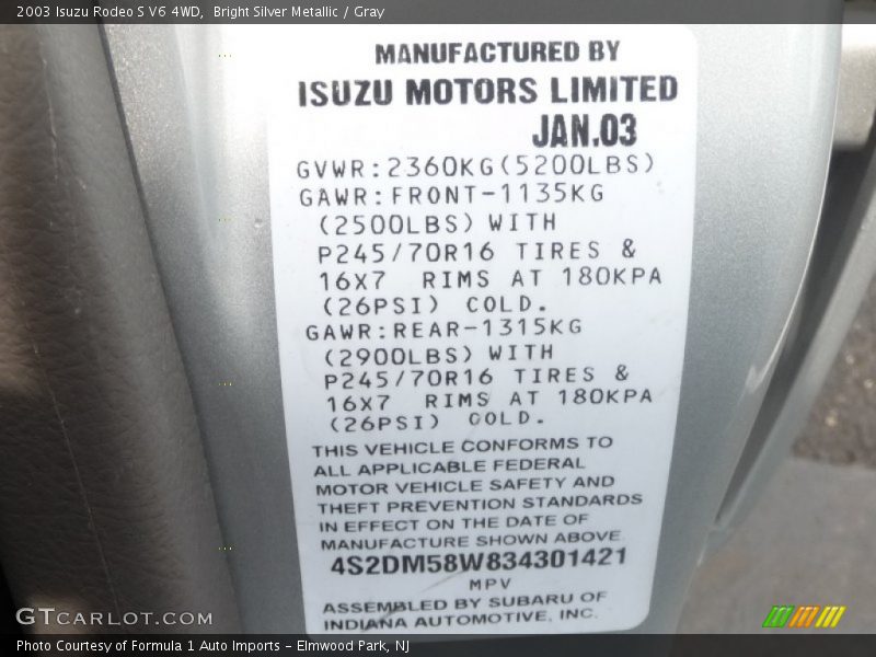 Bright Silver Metallic / Gray 2003 Isuzu Rodeo S V6 4WD