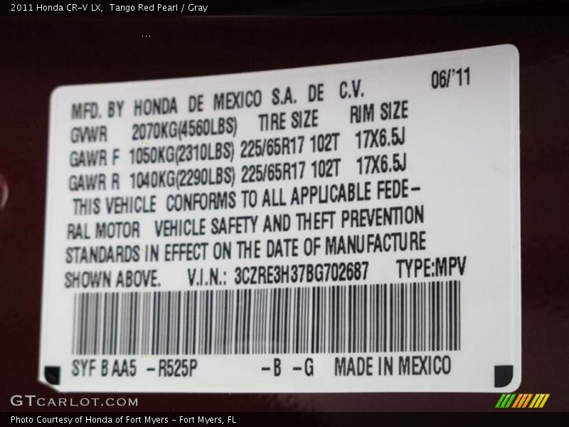 Tango Red Pearl / Gray 2011 Honda CR-V LX
