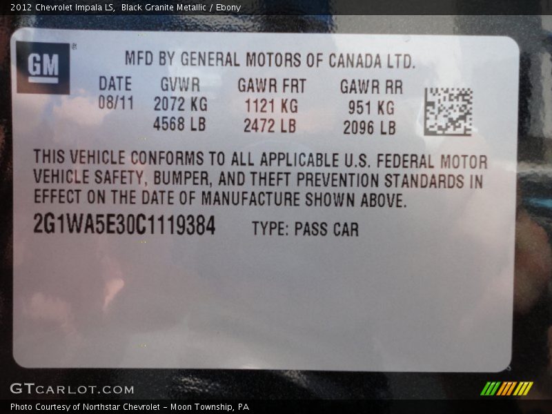 Black Granite Metallic / Ebony 2012 Chevrolet Impala LS