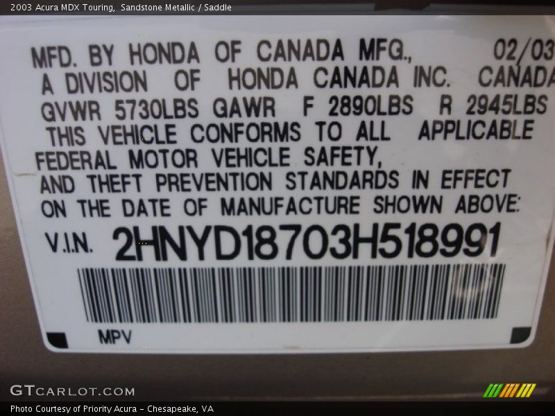 Sandstone Metallic / Saddle 2003 Acura MDX Touring