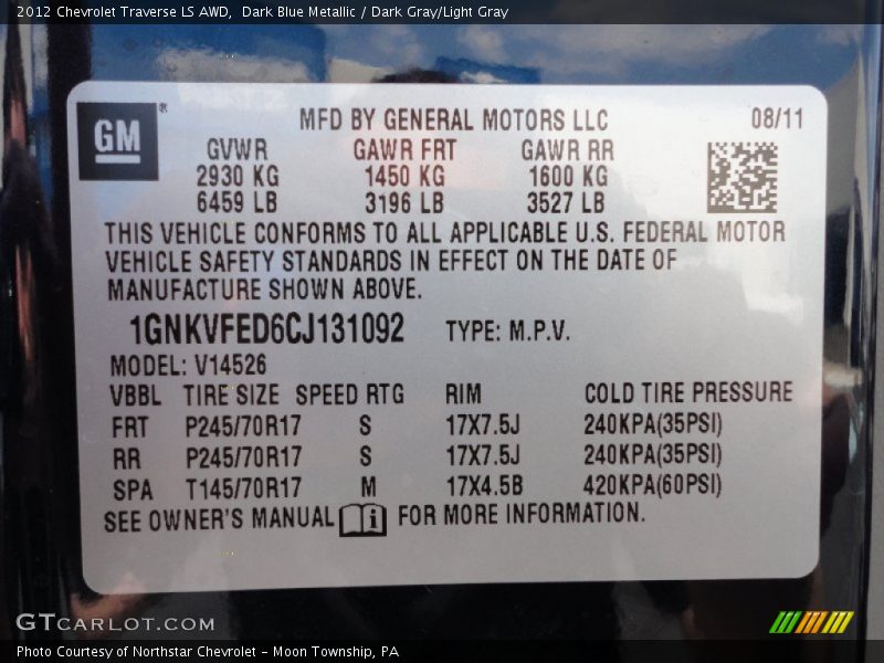 Dark Blue Metallic / Dark Gray/Light Gray 2012 Chevrolet Traverse LS AWD