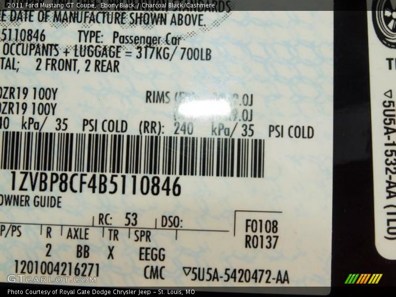 Info Tag of 2011 Mustang GT Coupe