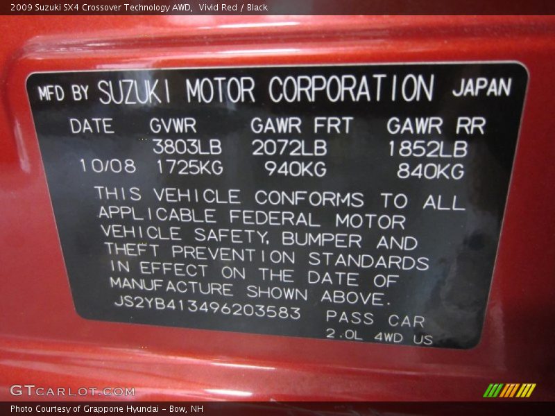 Vivid Red / Black 2009 Suzuki SX4 Crossover Technology AWD