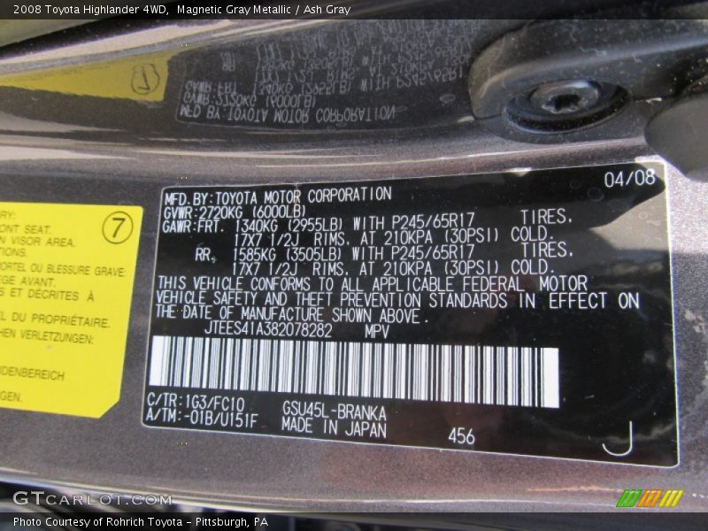 Magnetic Gray Metallic / Ash Gray 2008 Toyota Highlander 4WD