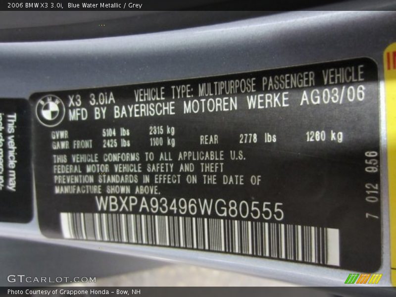 Blue Water Metallic / Grey 2006 BMW X3 3.0i