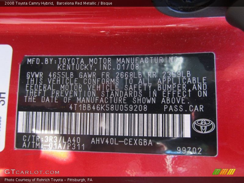 Barcelona Red Metallic / Bisque 2008 Toyota Camry Hybrid