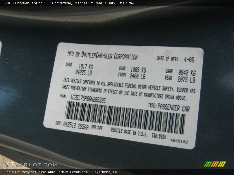 Magnesium Pearl / Dark Slate Gray 2006 Chrysler Sebring GTC Convertible