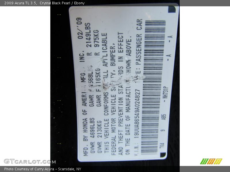 Crystal Black Pearl / Ebony 2009 Acura TL 3.5
