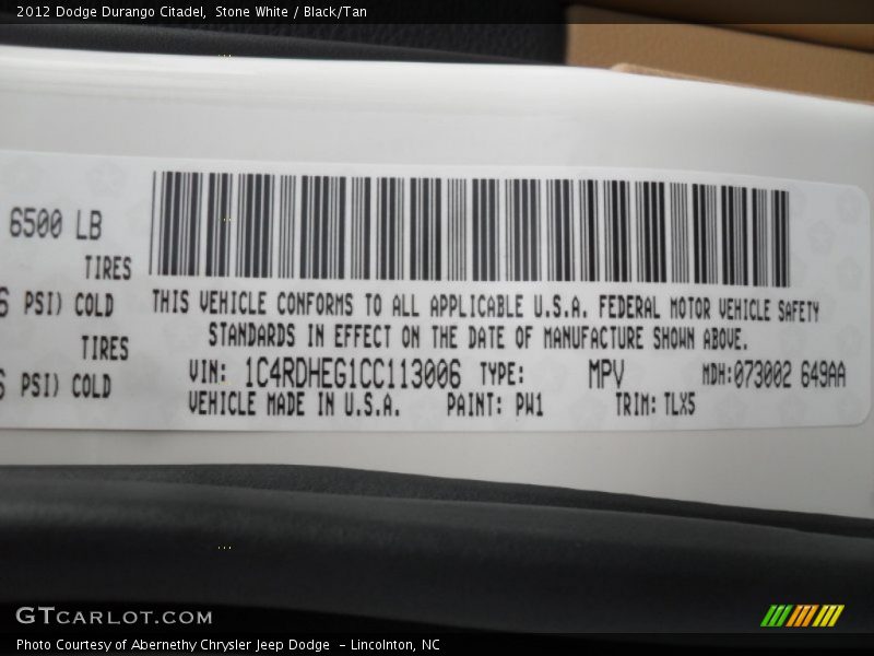Stone White / Black/Tan 2012 Dodge Durango Citadel