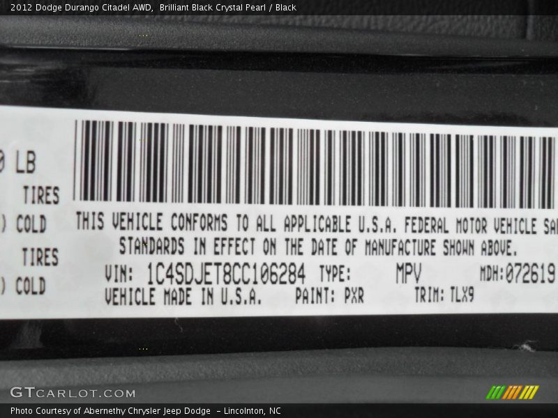 2012 Durango Citadel AWD Brilliant Black Crystal Pearl Color Code PXR