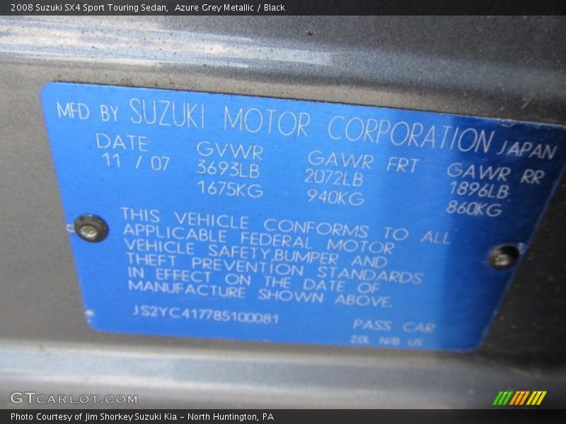 Azure Grey Metallic / Black 2008 Suzuki SX4 Sport Touring Sedan