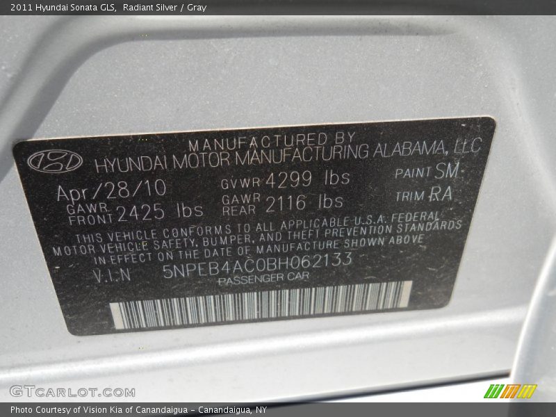 Radiant Silver / Gray 2011 Hyundai Sonata GLS