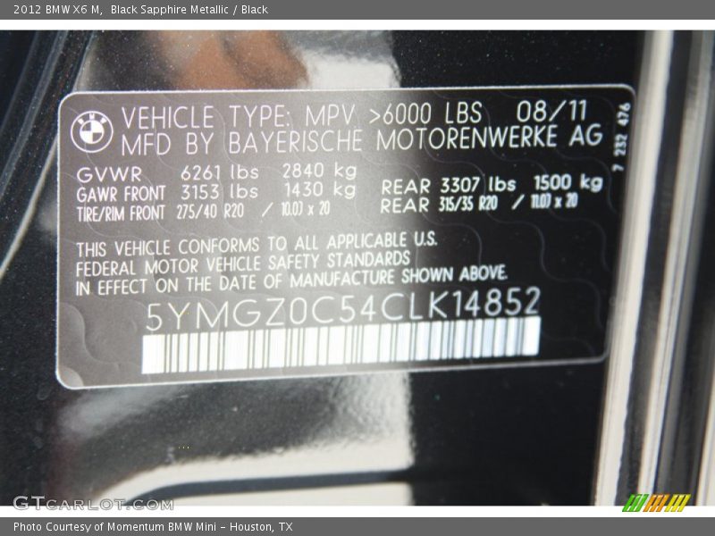 Info Tag of 2012 X6 M 