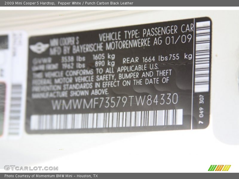 Pepper White / Punch Carbon Black Leather 2009 Mini Cooper S Hardtop