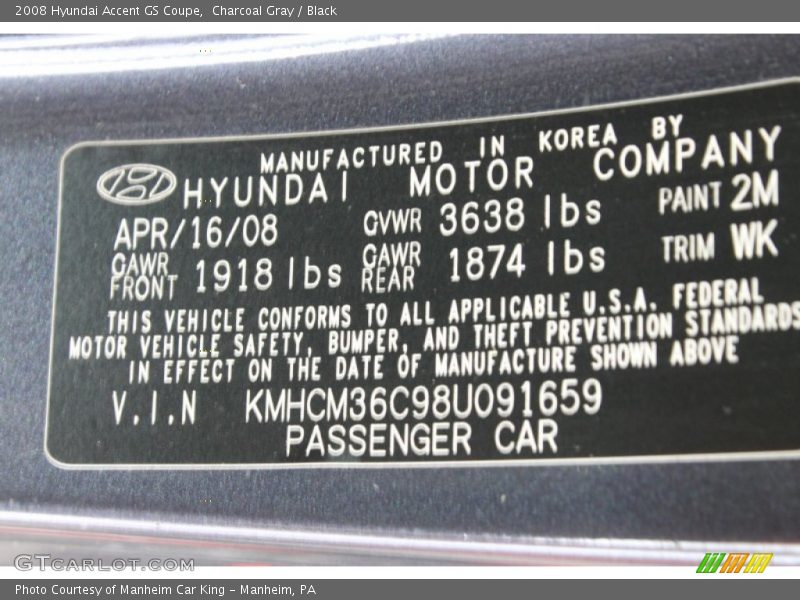 Charcoal Gray / Black 2008 Hyundai Accent GS Coupe