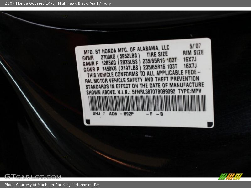 Nighthawk Black Pearl / Ivory 2007 Honda Odyssey EX-L