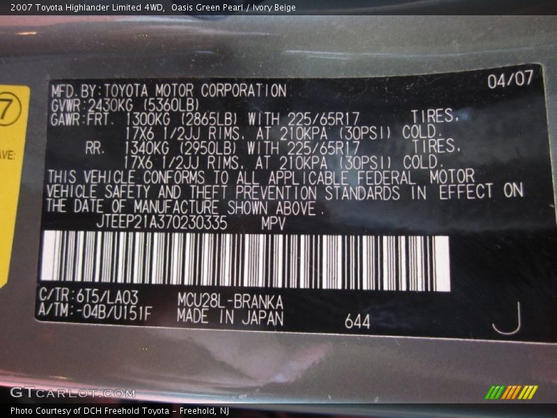 Oasis Green Pearl / Ivory Beige 2007 Toyota Highlander Limited 4WD