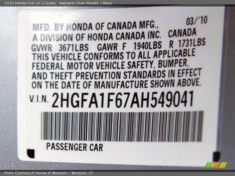 Alabaster Silver Metallic / Black 2010 Honda Civic LX-S Sedan