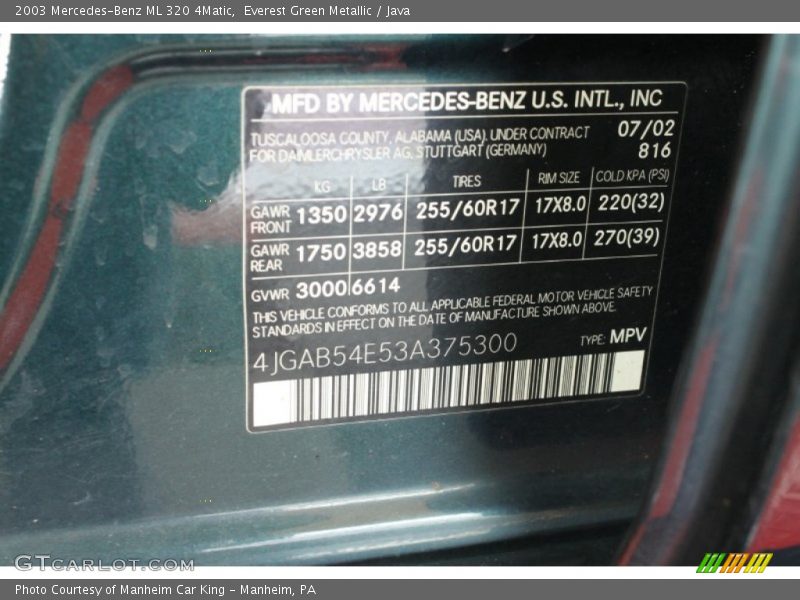 2003 ML 320 4Matic Everest Green Metallic Color Code 816
