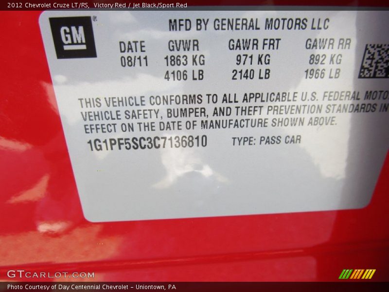 Info Tag of 2012 Cruze LT/RS