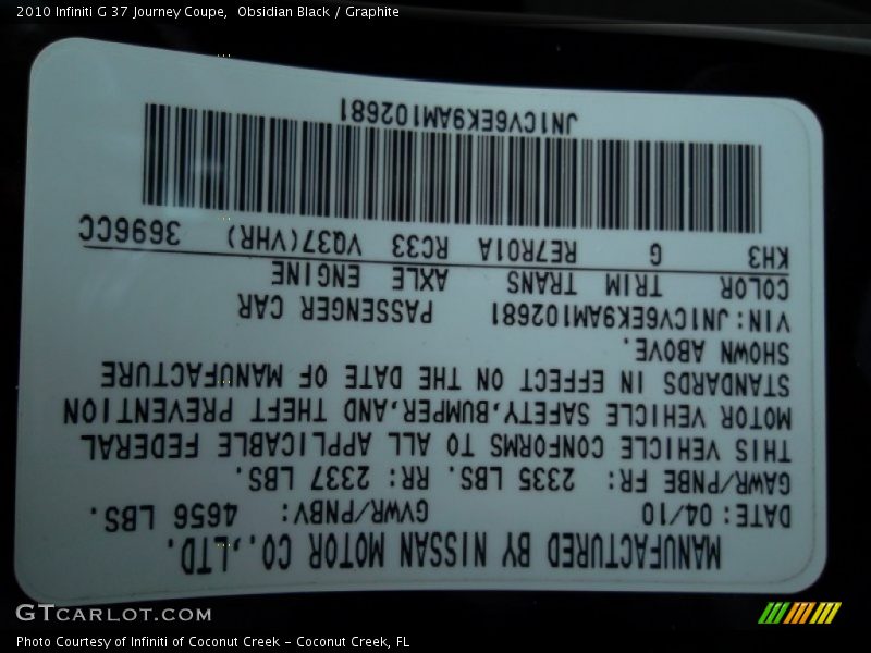 Obsidian Black / Graphite 2010 Infiniti G 37 Journey Coupe